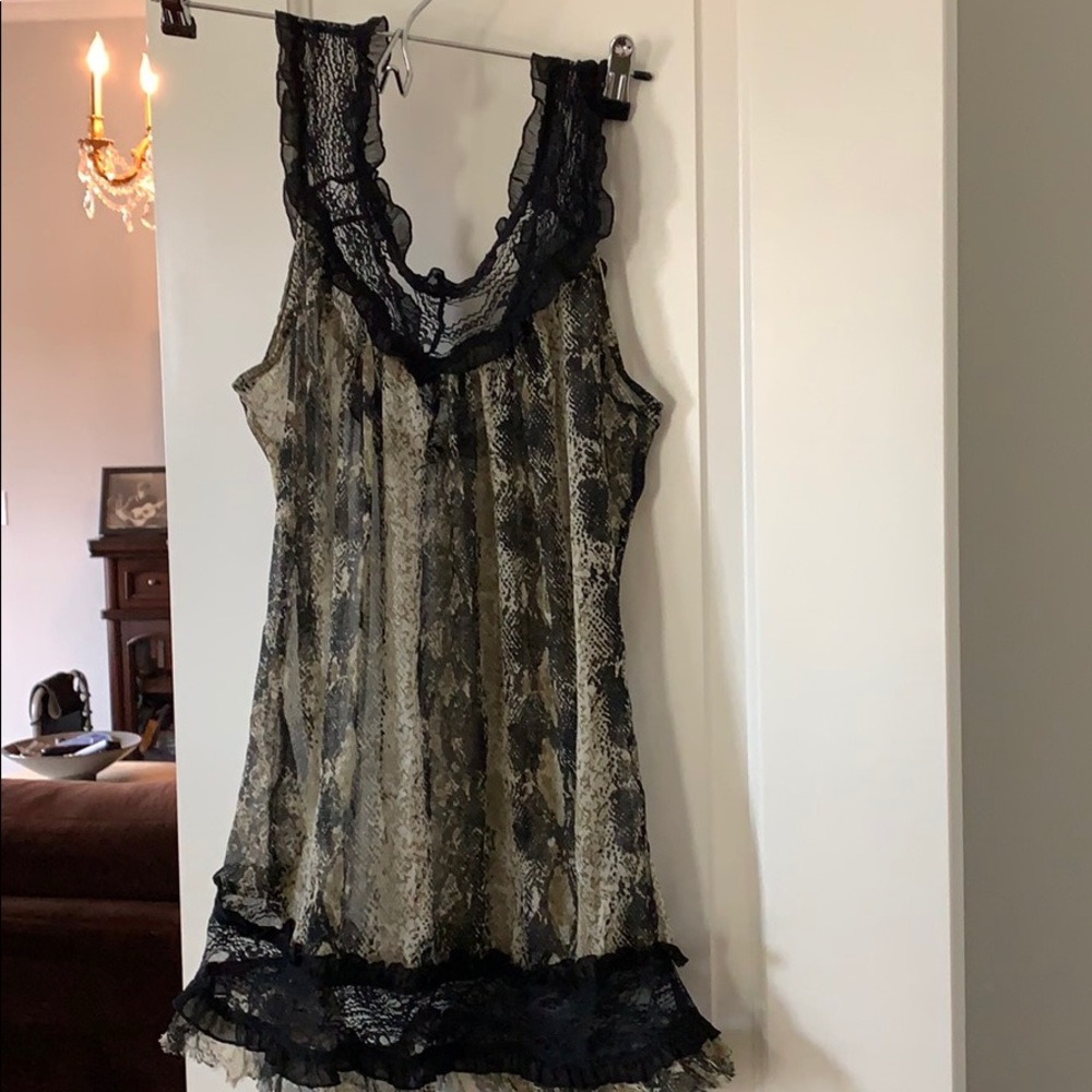 Vintage 70s Sheer Snake-Print Chemise with Black Lace Trim